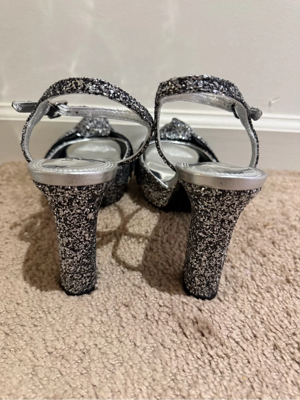 kate spade Silver Glitter Bow Block Heel Sandals with Ankle Strap